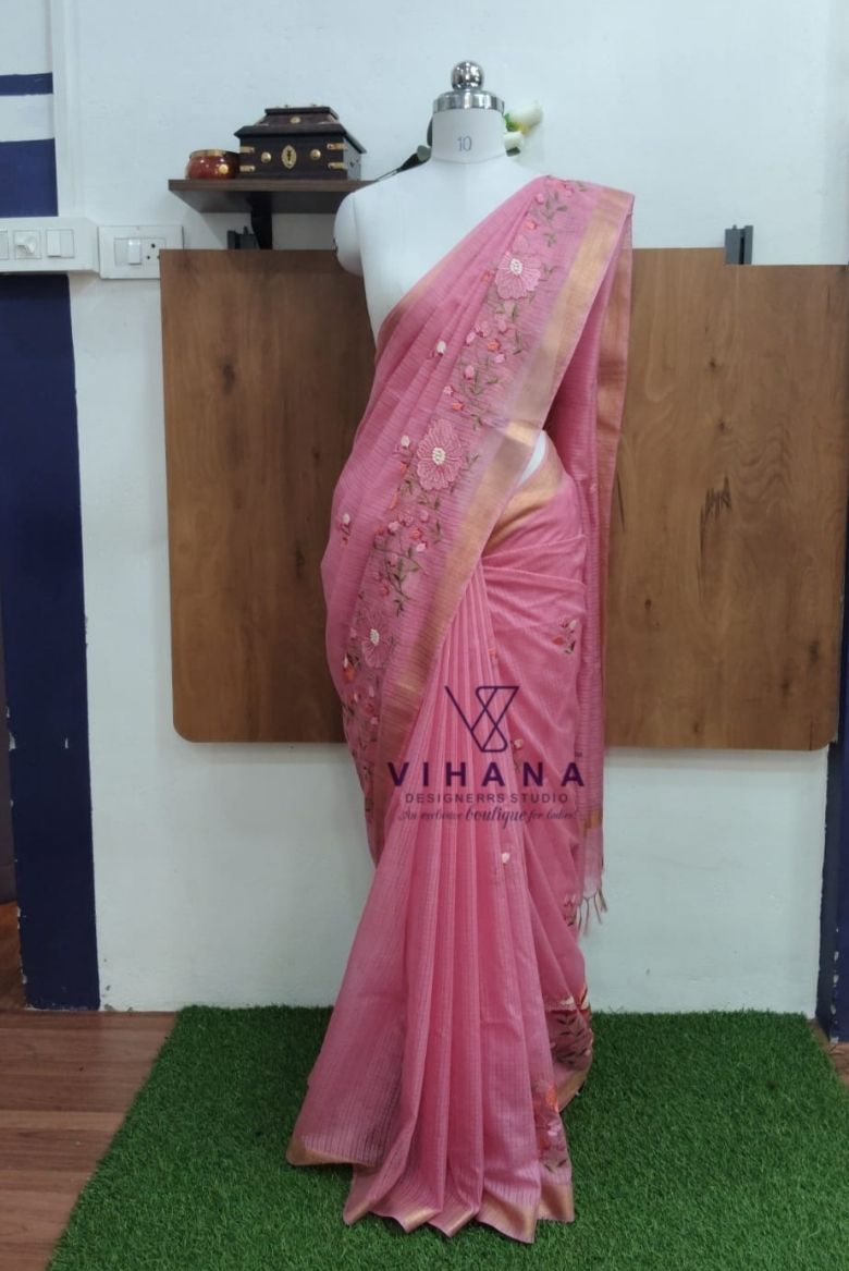 Pink Kota Doria Organza Silk Sareee - Image 2