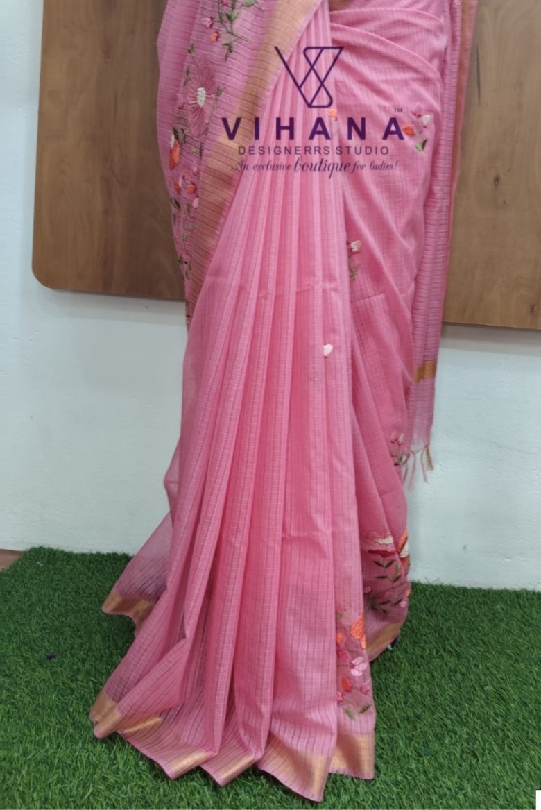 Pink Kota Doria Organza Silk Sareee - Image 3