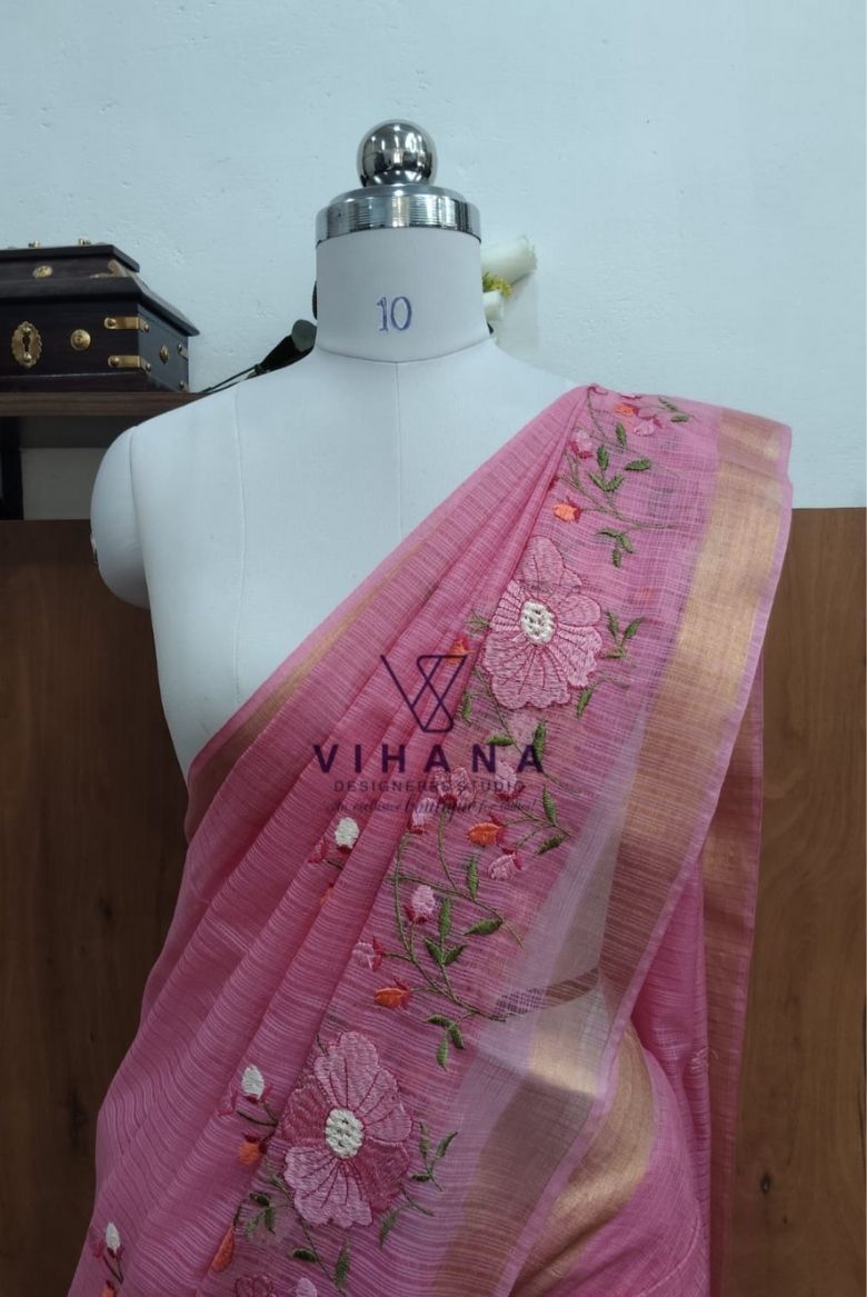 Pink Kota Doria Organza Silk Sareee - Image 4