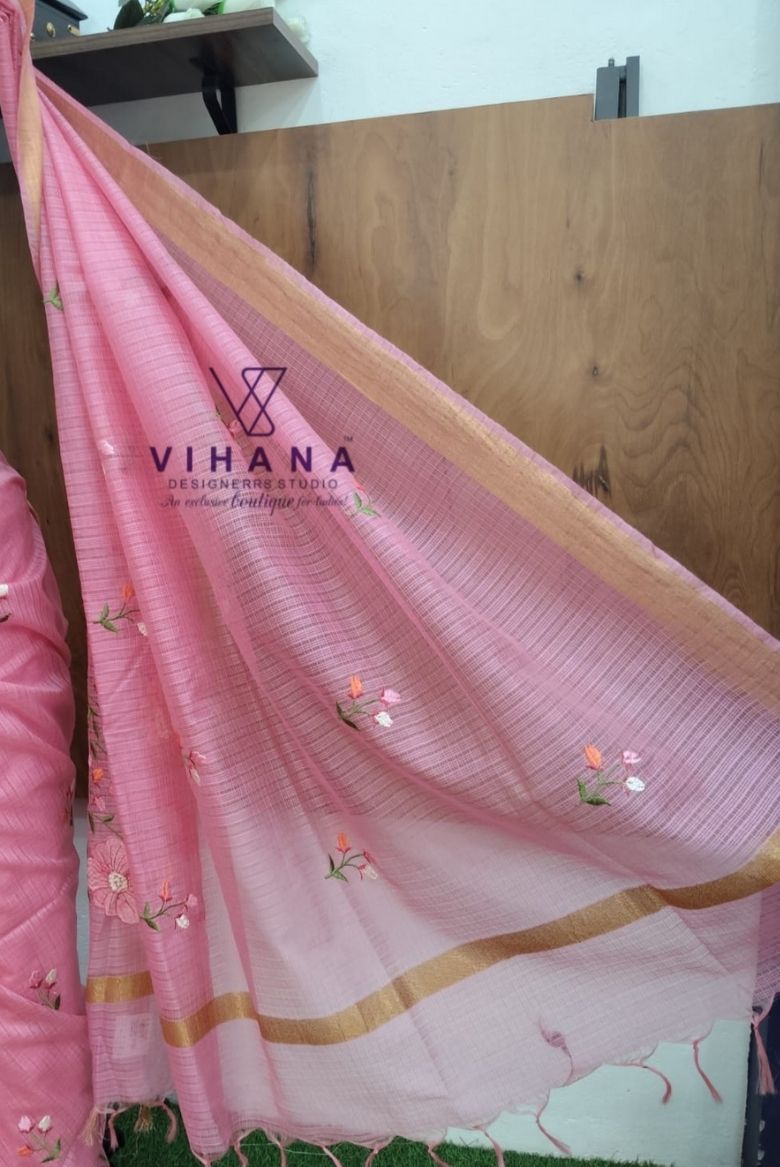 Pink Kota Doria Organza Silk Sareee - Image 5