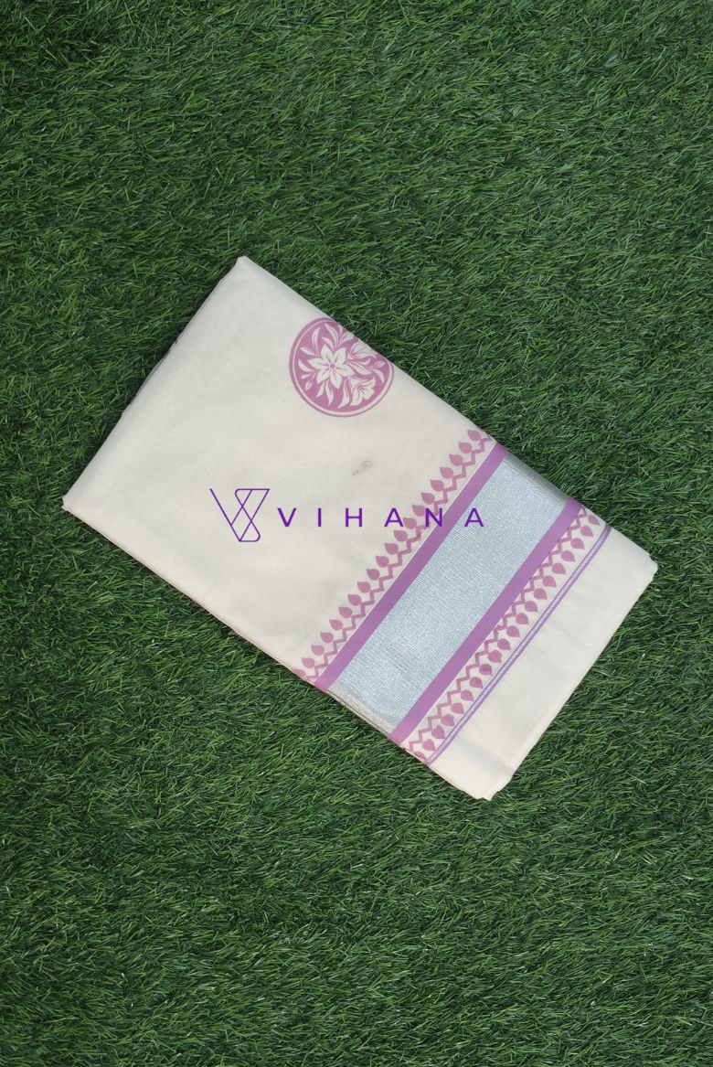 Traditional Cotton Set Saree with Lavender Floral Prints