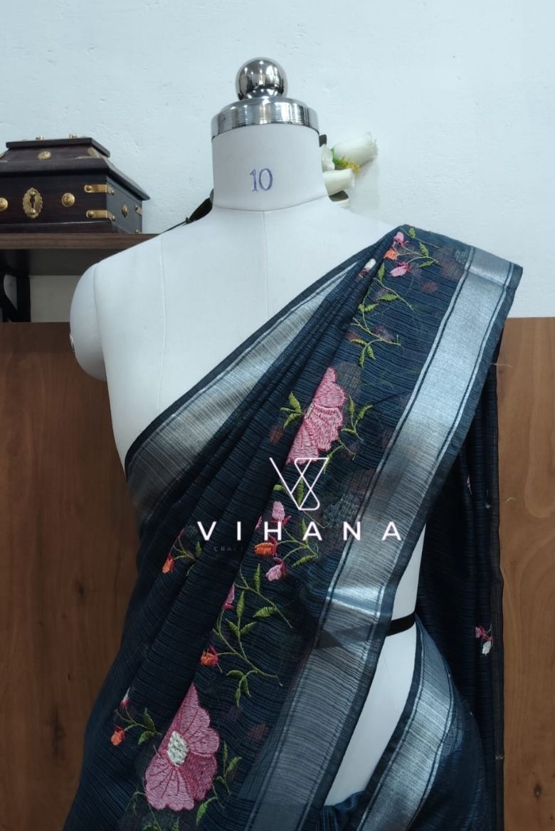 Blueish Grey Kota Doria Organza Silk Saree - Image 3