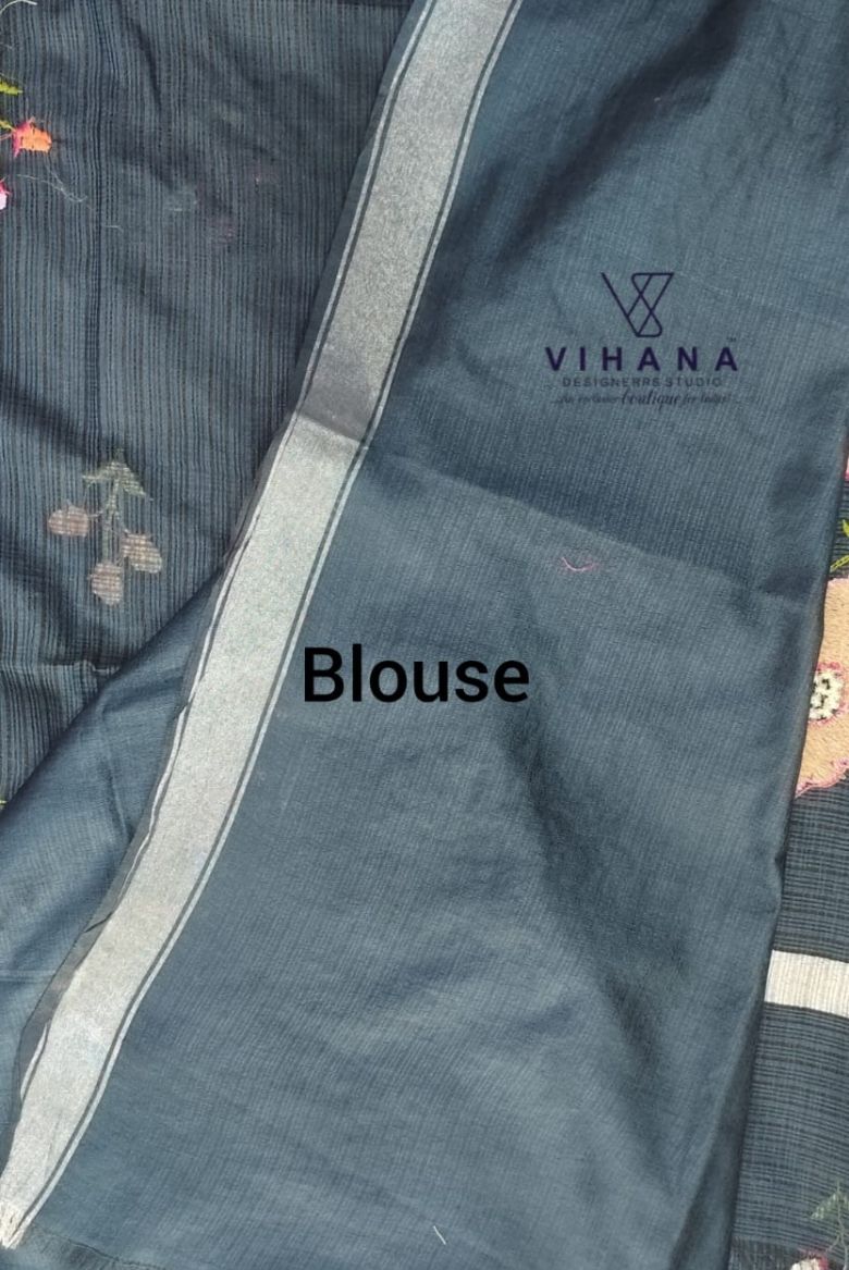 Blueish Grey Kota Doria Organza Silk Saree - Image 6