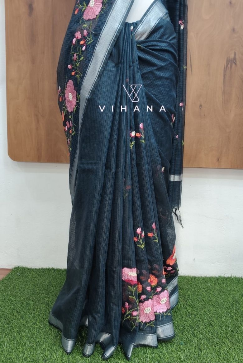 Blueish Grey Kota Doria Organza Silk Saree - Image 4