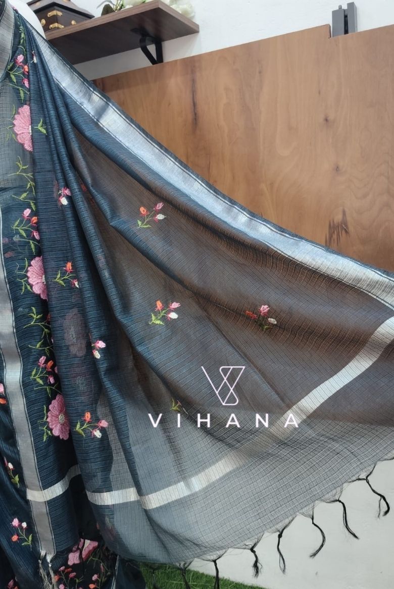 Blueish Grey Kota Doria Organza Silk Saree - Image 5