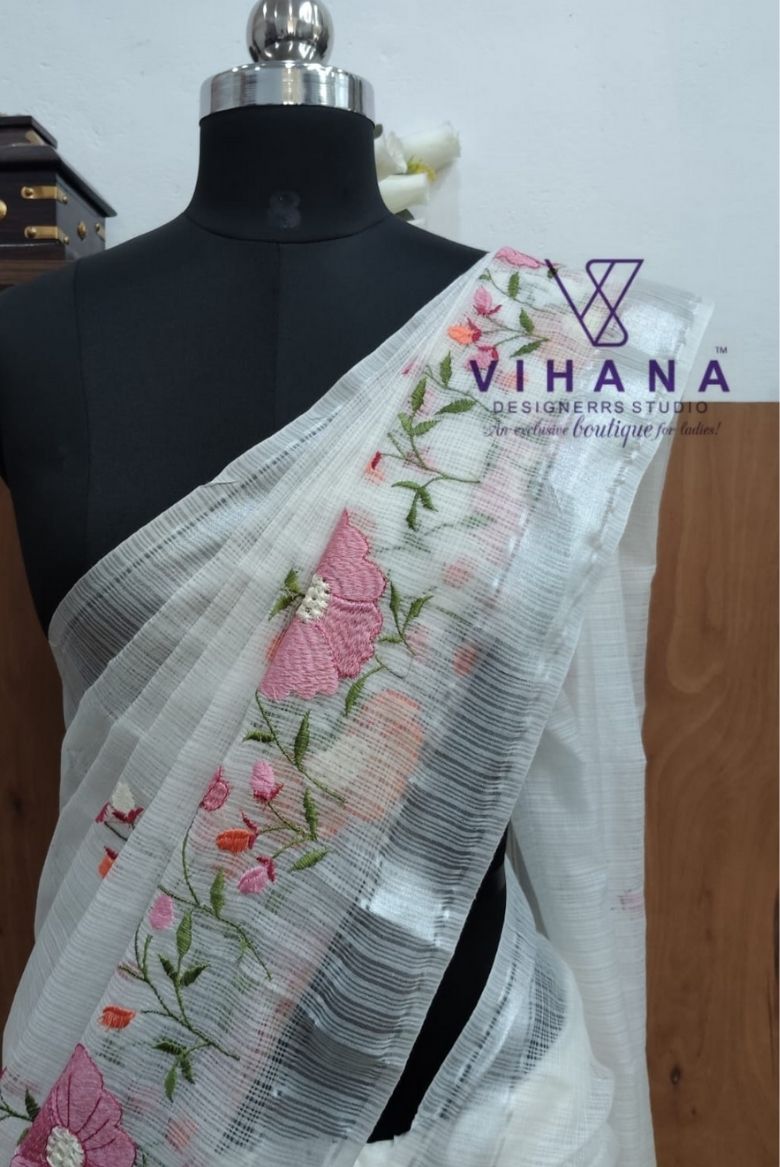 White Kota Doria Organza Silk Saree - Image 3