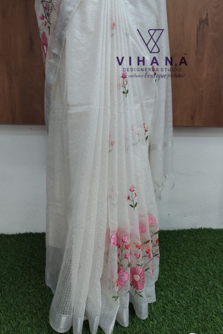 White Kota Doria Organza Silk Saree - Image 4