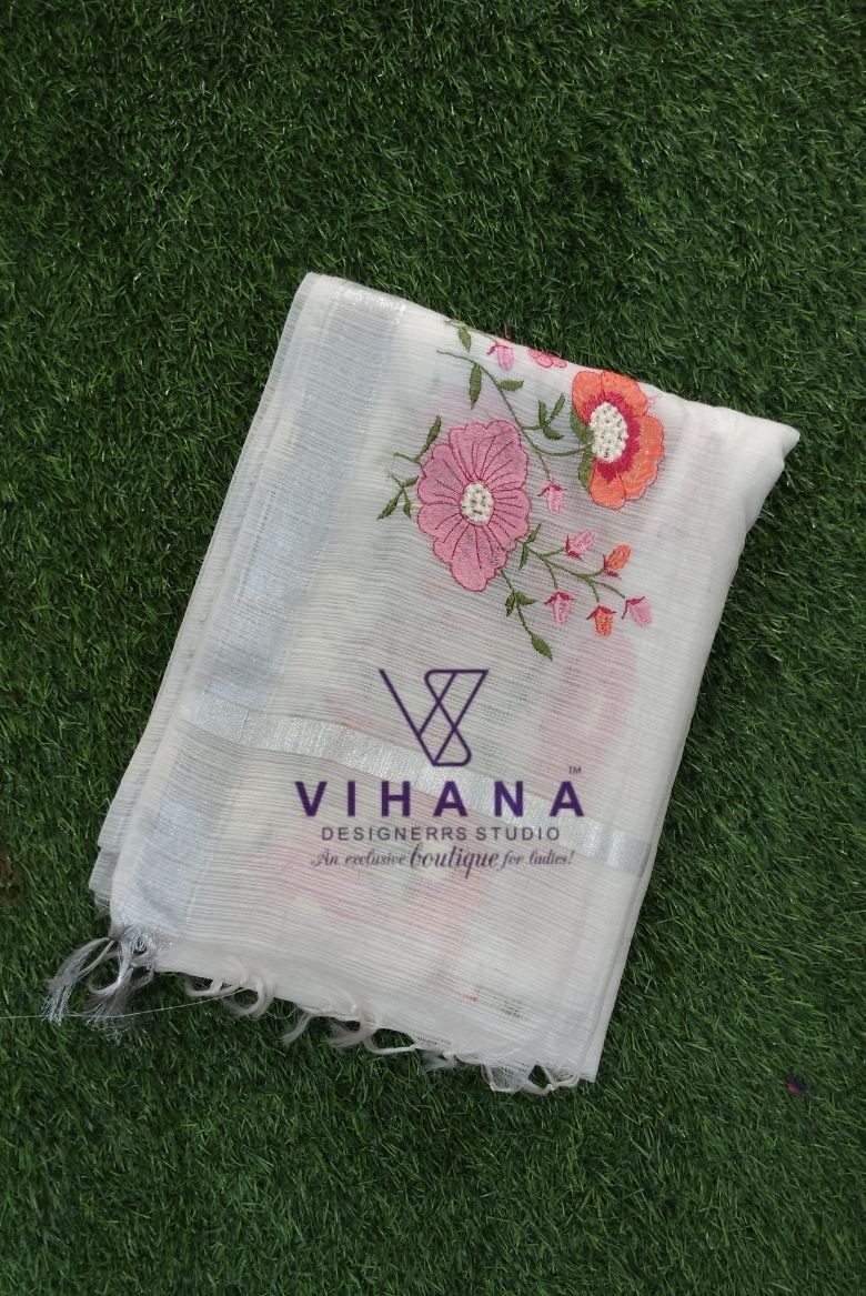 White Kota Doria Organza Silk Saree - Image 2