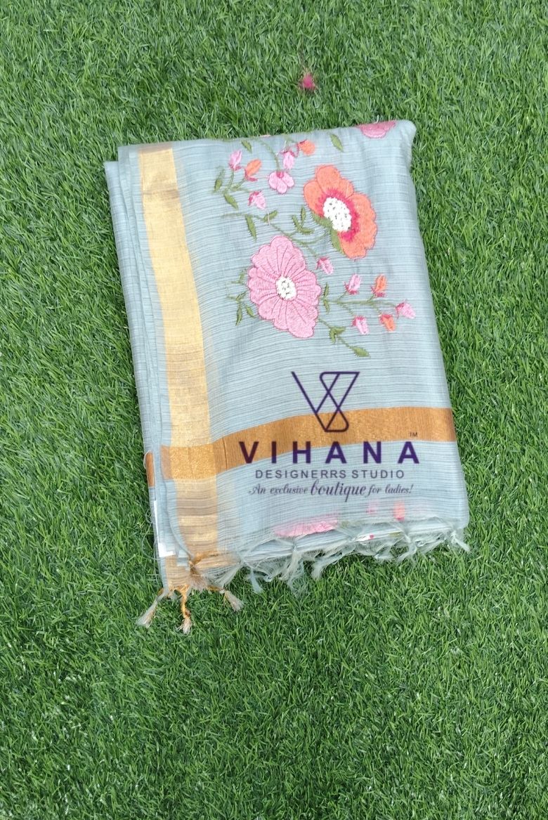 Grey Kota Doria Organza Silk Saree - Image 2