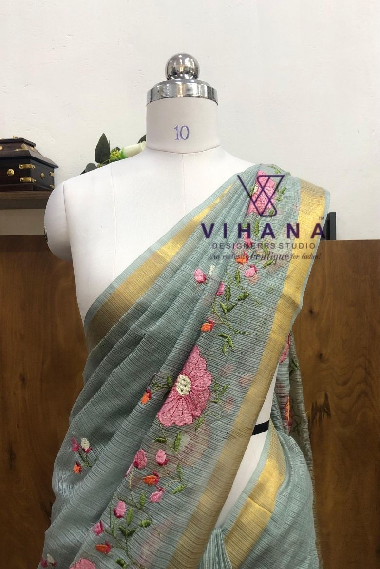 Grey Kota Doria Organza Silk Saree - Image 3