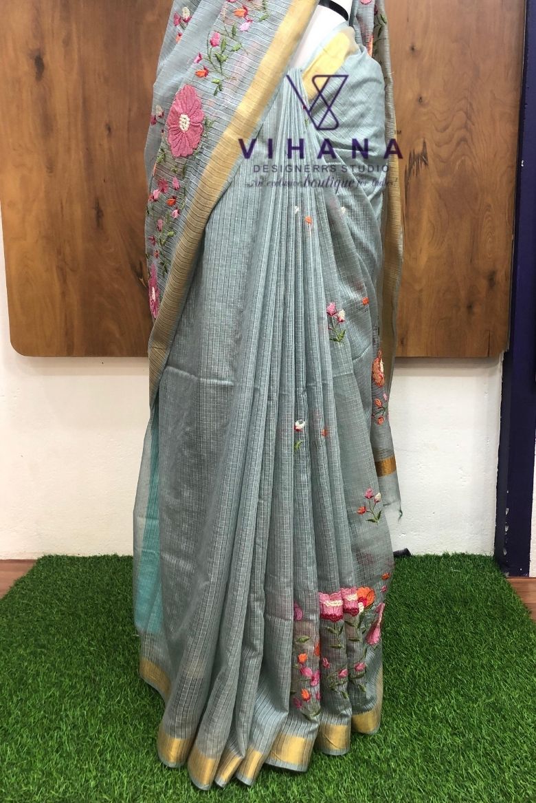 Grey Kota Doria Organza Silk Saree - Image 4