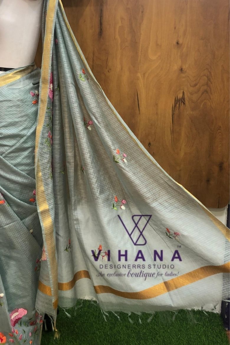 Grey Kota Doria Organza Silk Saree - Image 5