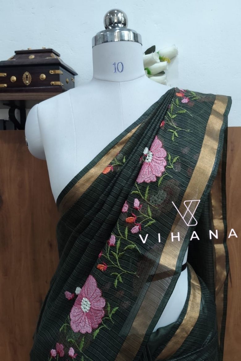 Green Kota Doriya Organza silk Saree - Image 3