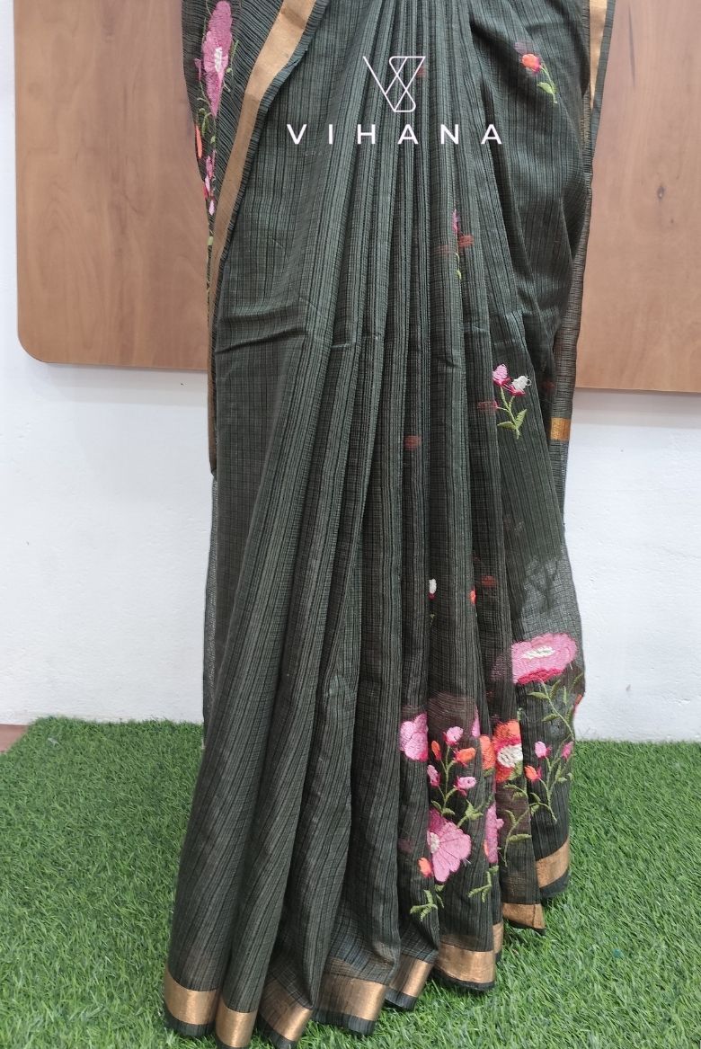 Green Kota Doriya Organza silk Saree - Image 4