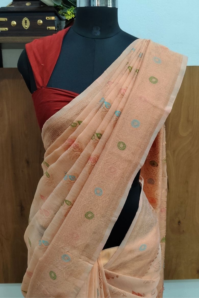Kanjivaram Inspired Light Peach Cotton Linen Saree - Image 3