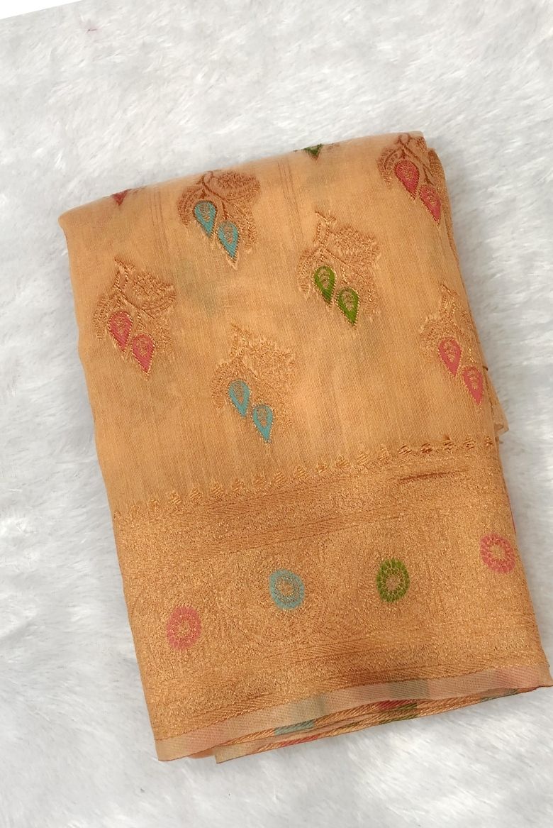 Kanjivaram Inspired Light Peach Cotton Linen Saree - Image 2