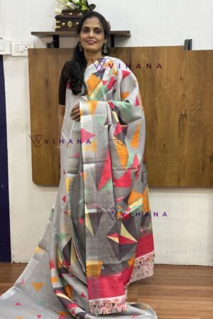 Grey Linen Cotton 3D Print Saree