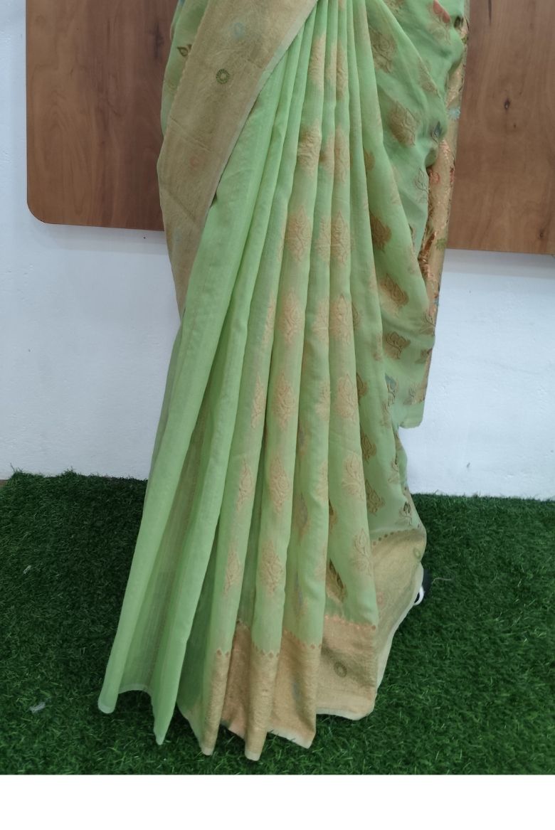 Kanjivaram Inspired Parrot -Green Cotton Linen Saree - Image 4