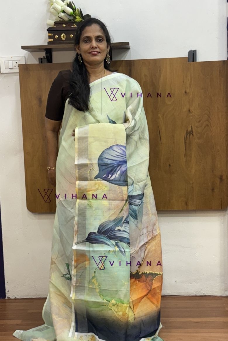 Multicolored Linen Cotton 3D Print Saree