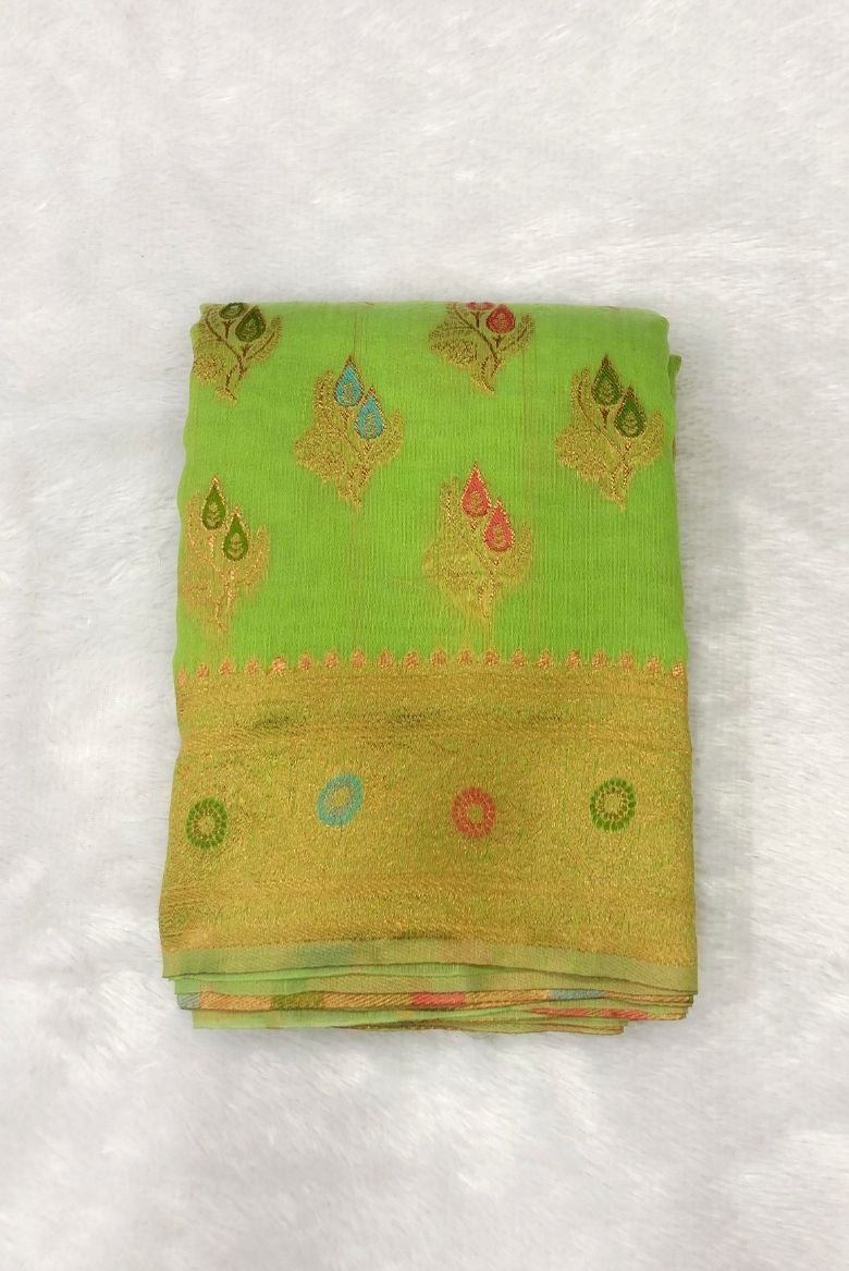 Kanjivaram Inspired Parrot -Green Cotton Linen Saree - Image 2