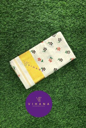 Elegant Kerala Cotton Set Saree with Orange and Black Floral Prints