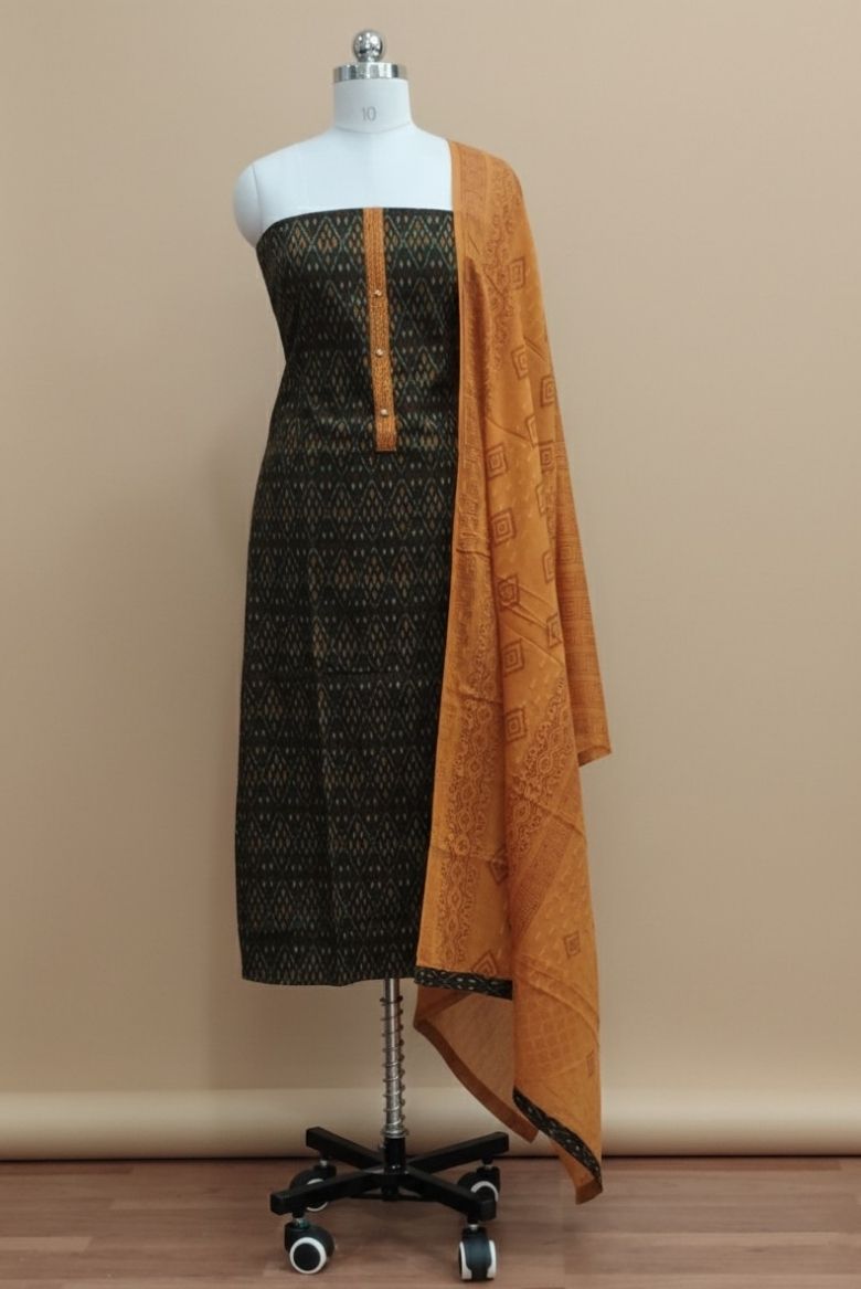 Dark Green Patola Printed Cotton Salwar Suit Material - Image 7