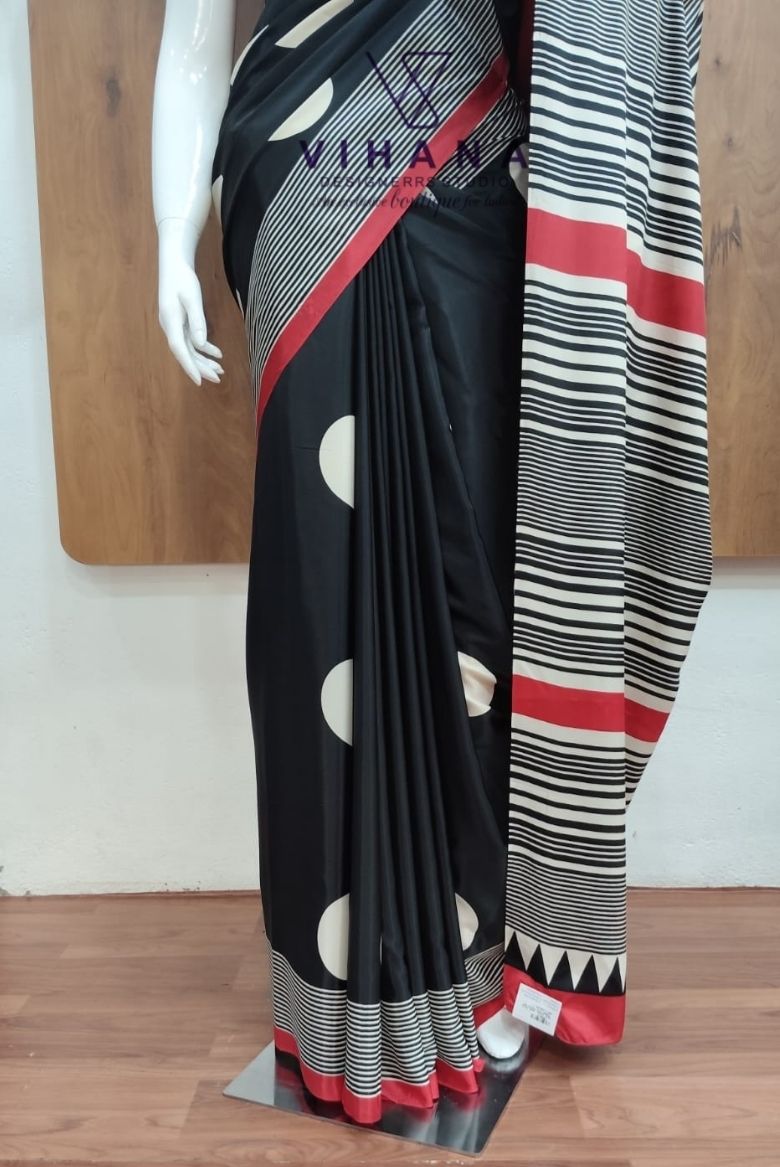 Black Polka Dot Modal Crepe Silk Sareee - Image 4