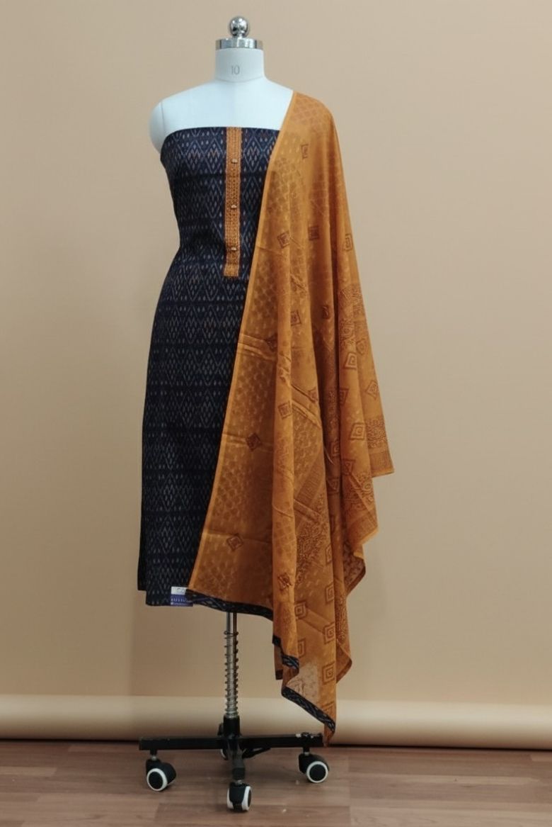 Classic Blue Patola Printed Cotton Salwar Suit Material - Image 7