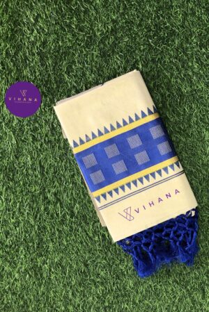 Kerala Handloom Tissue Set Saree with Royal Blue Geometric Prints