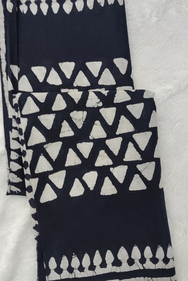 Navy Blue Hand Block Printed Mulmul Cotton Saree - Image 2
