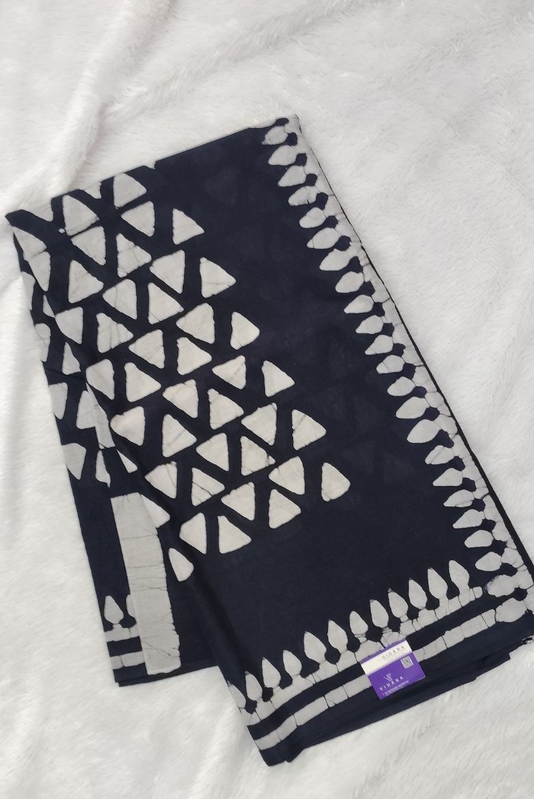 Navy Blue Hand Block Printed Mulmul Cotton Saree - Image 3