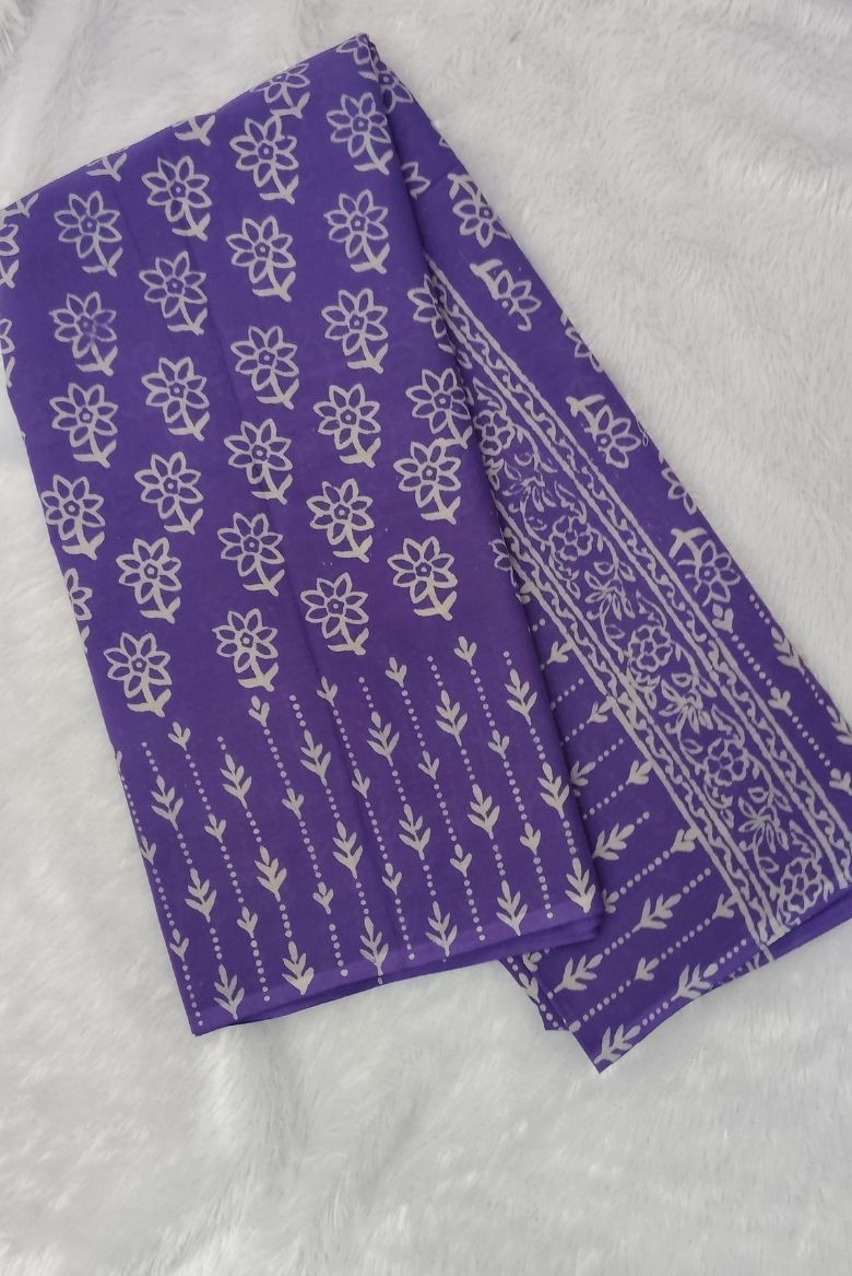 Calming Lavender Hand Block Printed Mulmul Cotton Saree - Image 3