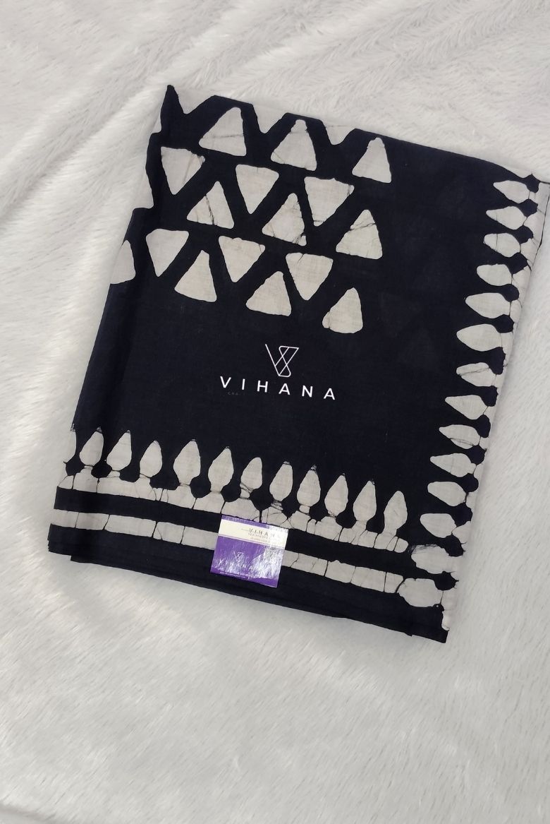 Navy Blue Hand Block Printed Mulmul Cotton Saree