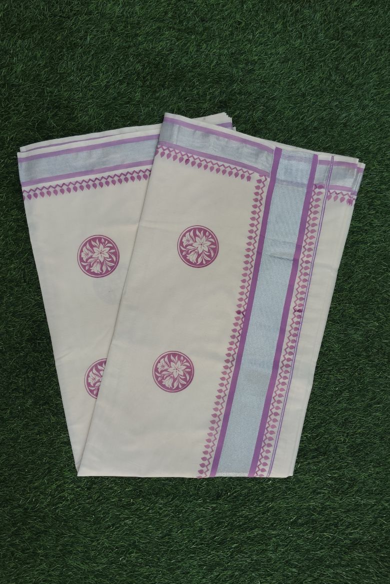 Traditional Cotton Set Saree with Lavender Floral Prints - Image 3