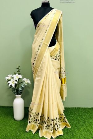 Kerala Golden Tissue Set Saree with Black Floral Motifs