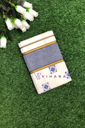 Kerala Cotton Set Saree With Blue Geometric Print