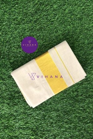 Kerala Tissue Plain Golden Kasavu Border Set Saree