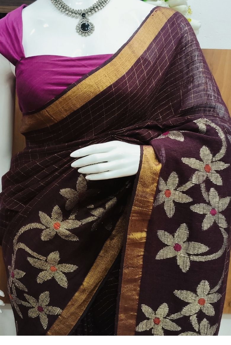 Wine Linen Cotton Jamdhani Weave Sareee - Image 3