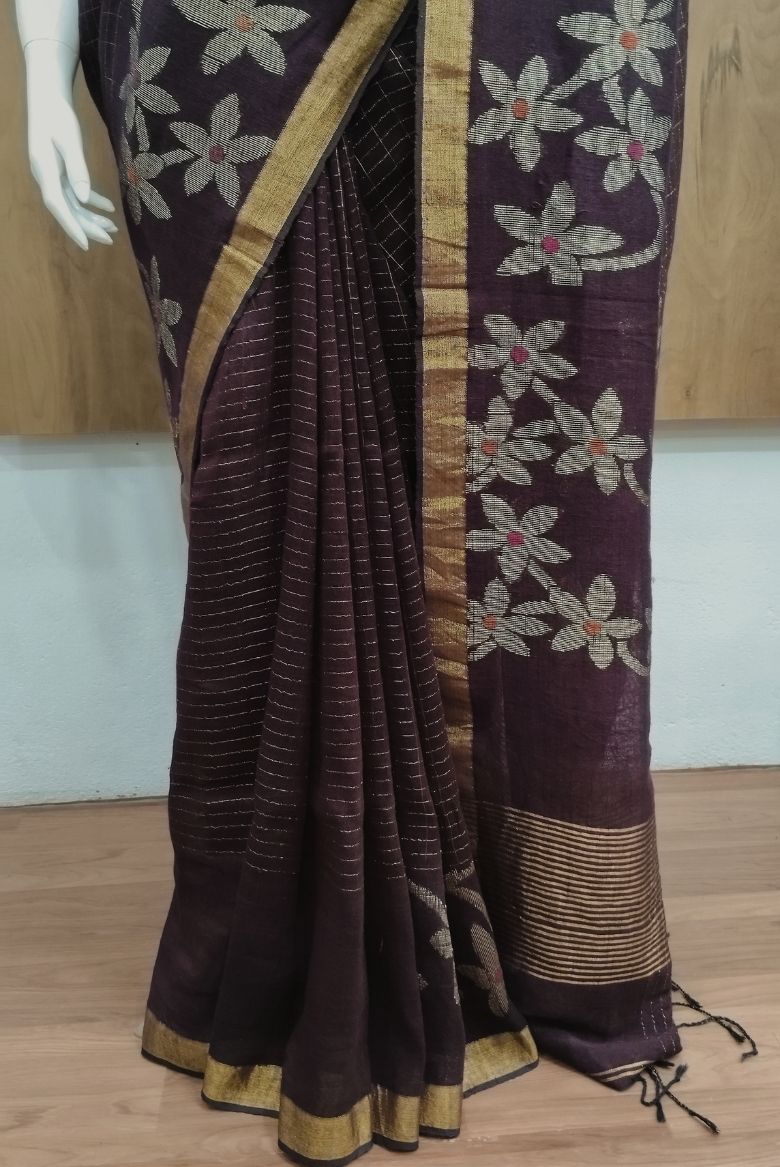 Wine Linen Cotton Jamdhani Weave Sareee - Image 4