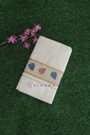 Elegant Kerala Cotton Set Saree with Gold Kasavu Border and Multicolor Leaf Prints