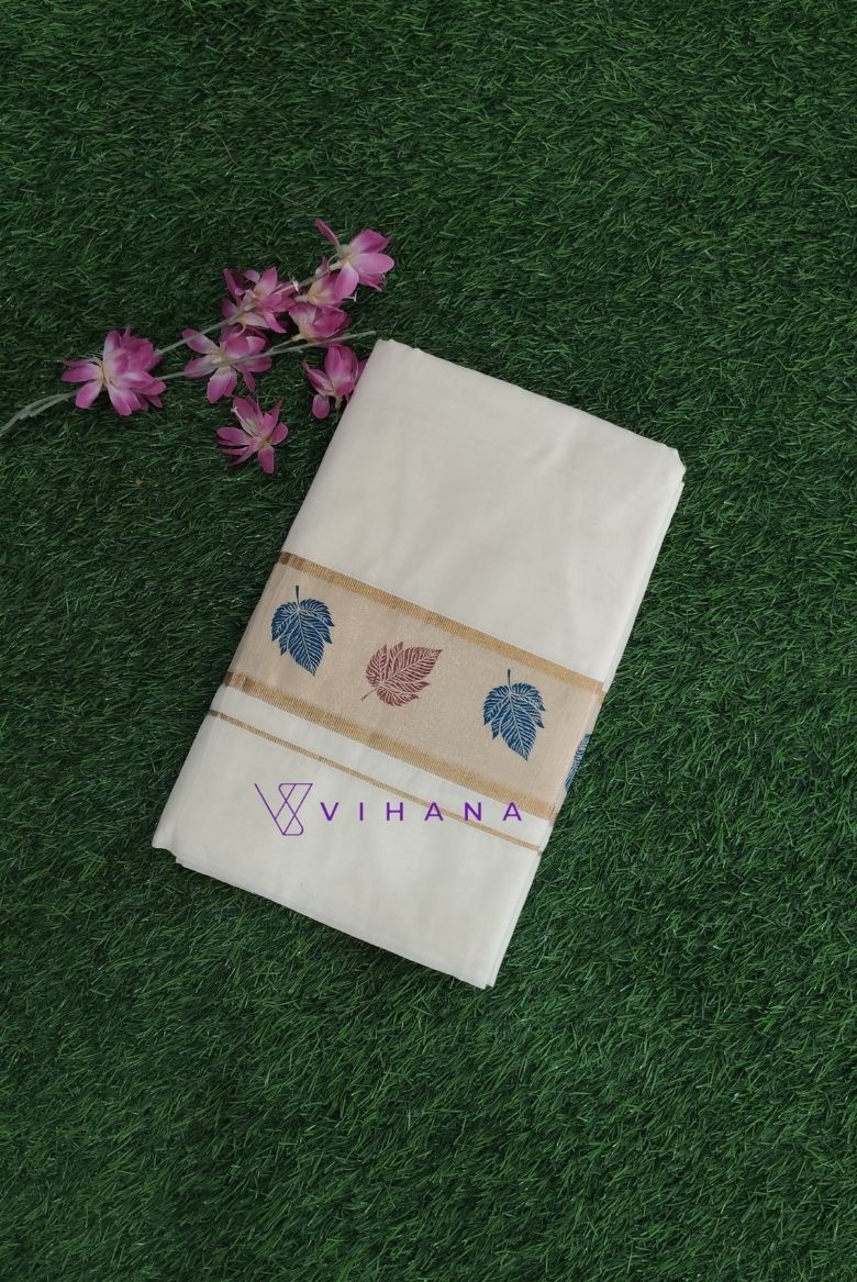 Elegant Kerala Cotton Set Saree with Gold Kasavu Border and Multicolor Leaf Prints