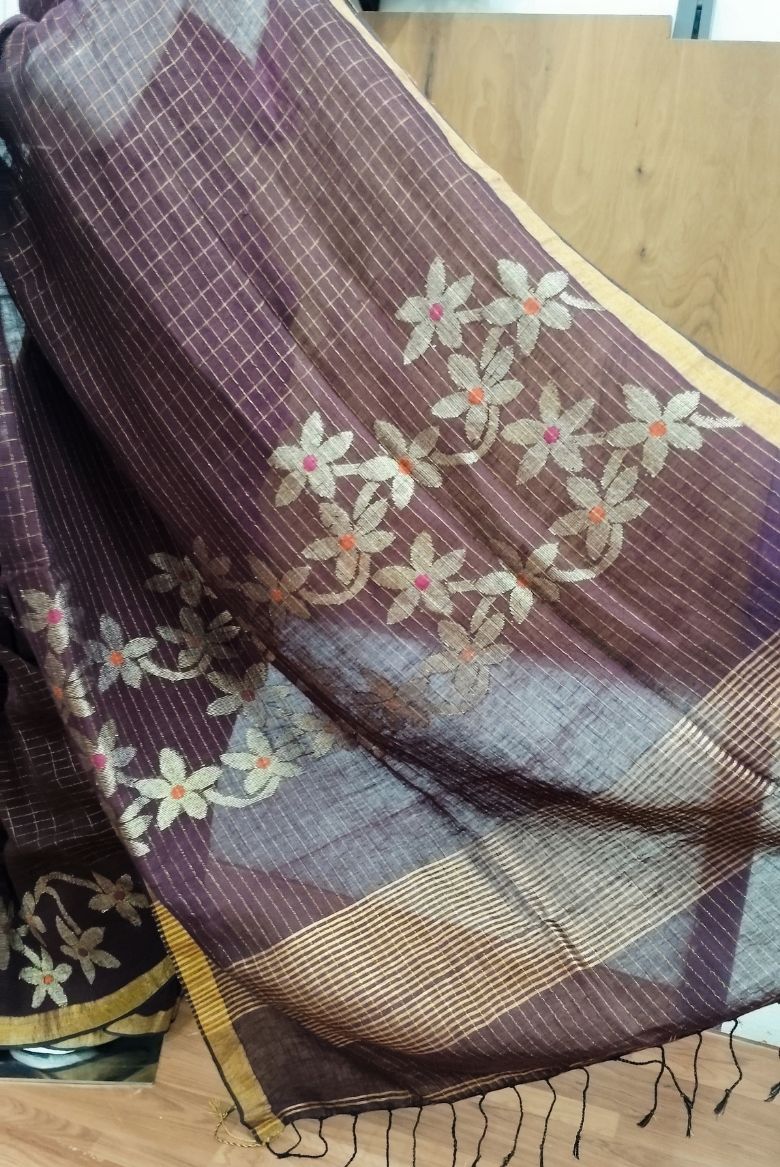 Wine Linen Cotton Jamdhani Weave Sareee - Image 5