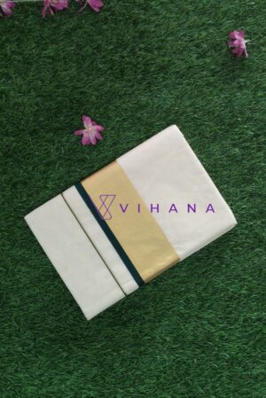 Kerala Cotton Set Saree featuring Dark Green and Golden Zari Borders