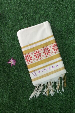 Elegant Off-White Cotton Set Saree with Golden Zari Border and Red Floral Prints