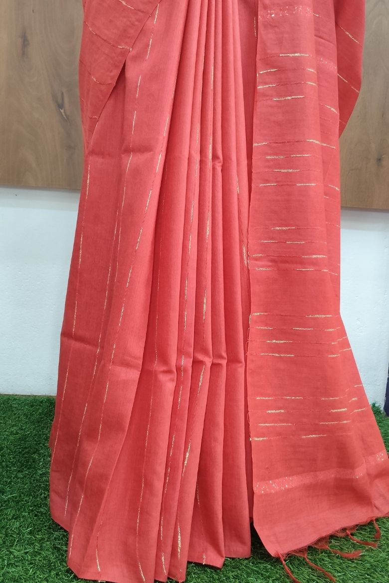 Bhagalpuri Kota Semi Tussar Bright Red Capsule Weaving Saree - Image 3