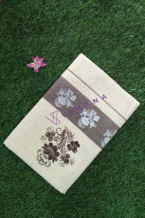 Kerala Cotton Set Saree With Coffee Brown Floral Prints