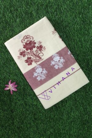 Kerala Cotton Set Saree With Maroon Floral Prints