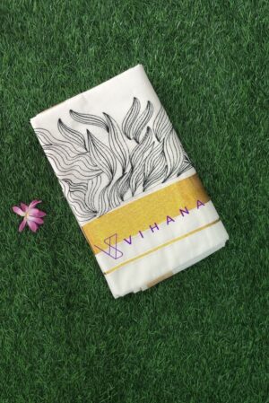 Kerala Set Saree with Black Thread Embroidery Designs