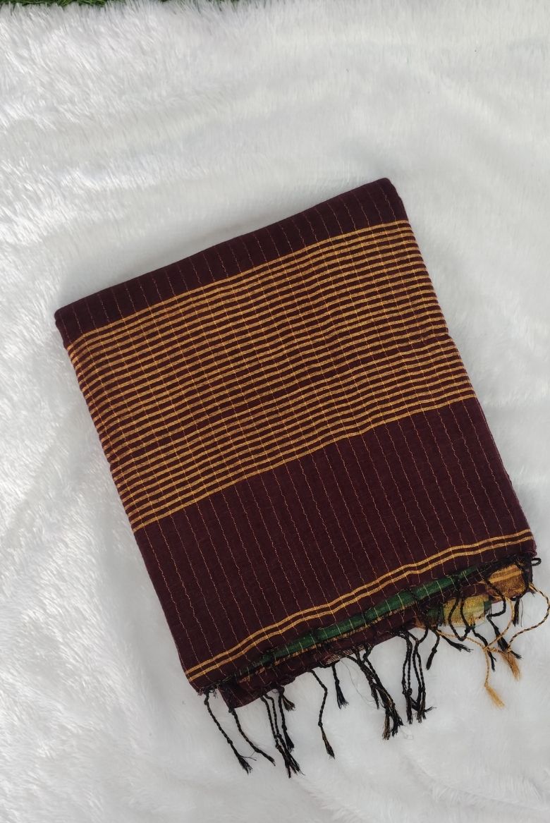 Wine Linen Cotton Jamdhani Weave Sareee - Image 2