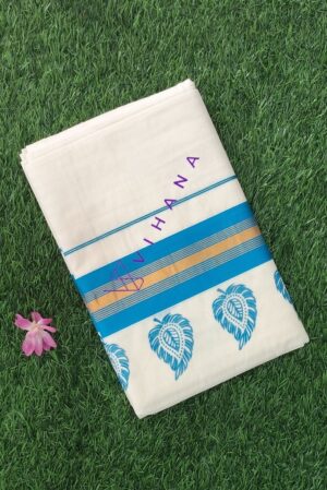 Stunning Blue-Bordered Cotton Set Saree With Traditional Leaf Prints